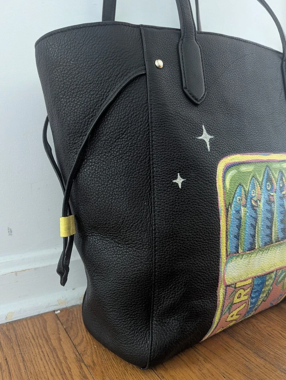 Black Handpainted Kate Spade Tote Bag with Colorful Sardine Artwork - Picture 3 of 6